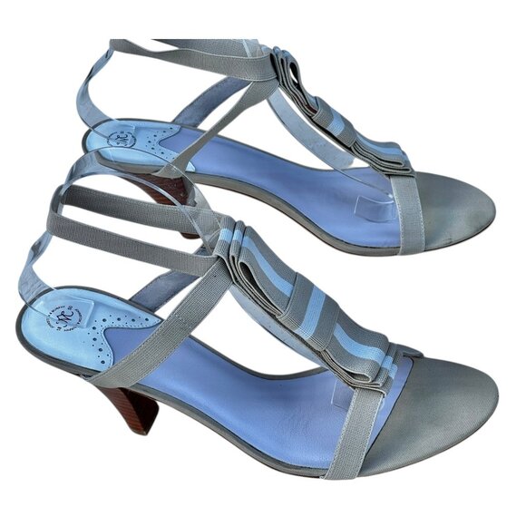 Johnston & Murphy Womens 10M Beige & White Sandals Heels Striped Elastic Straps - Picture 1 of 16